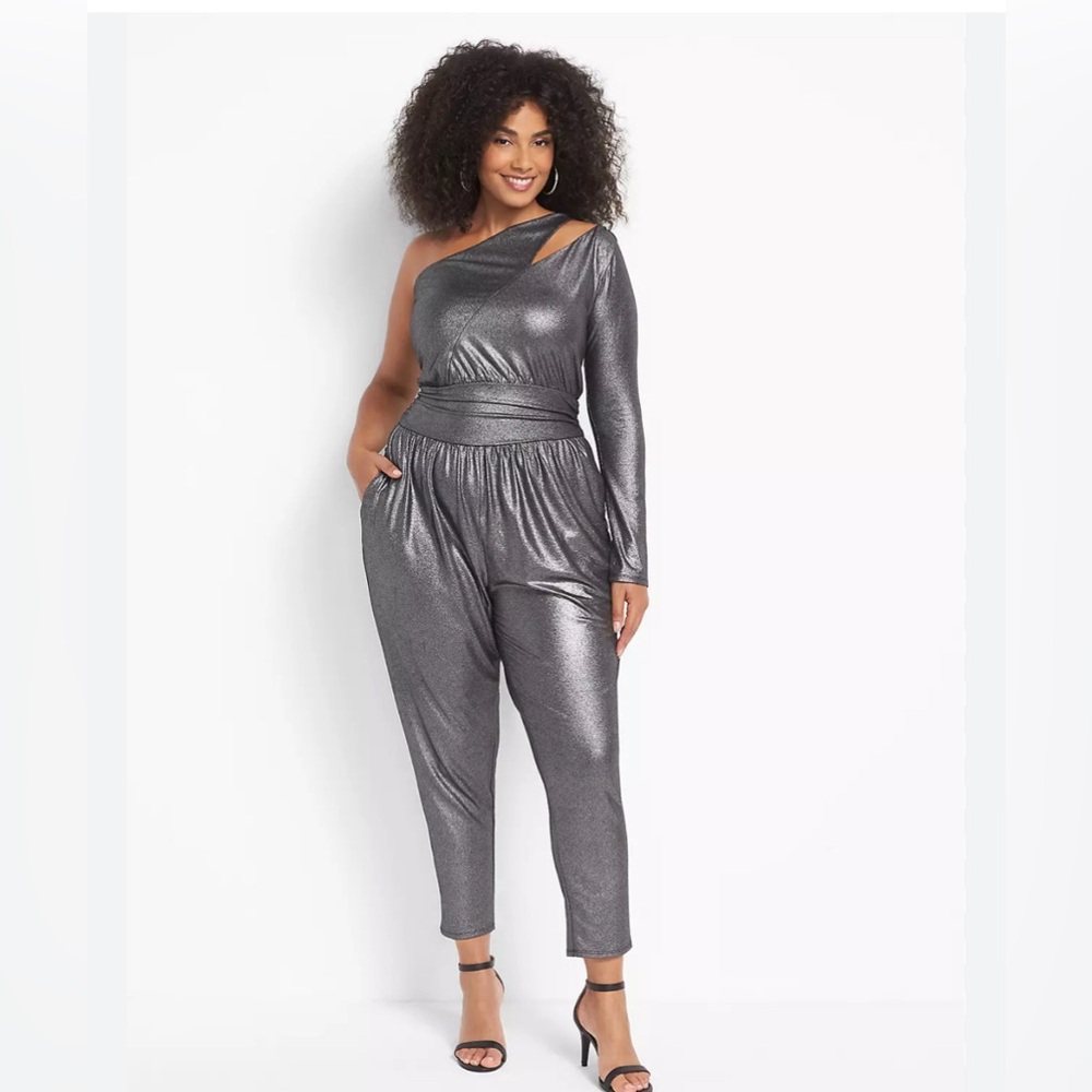 Lane Bryant one shoulder pull on metallic black jumpsuit
